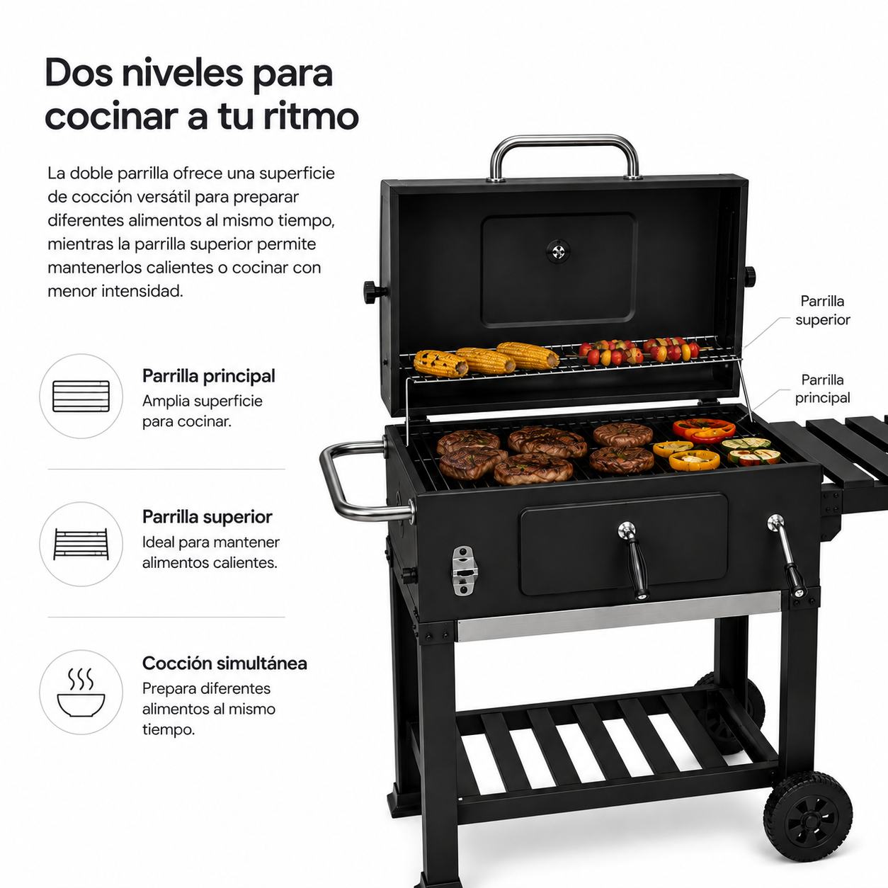 Barbecue au charbon avec couvercle et chariot auxiliaire
