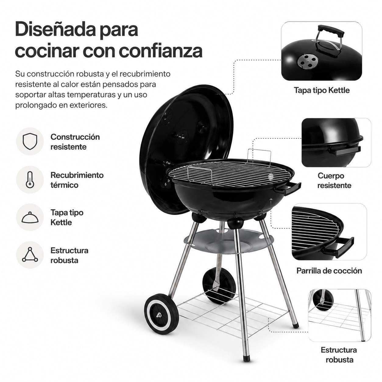 Barbecue au charbon rond portable avec couvercle et ventilation