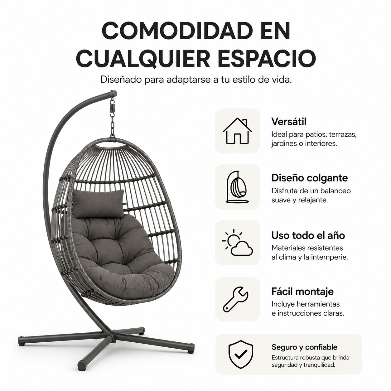 Sillón Colgante Huevo Jardín Con Cojines Acolchados Estructura Metálica