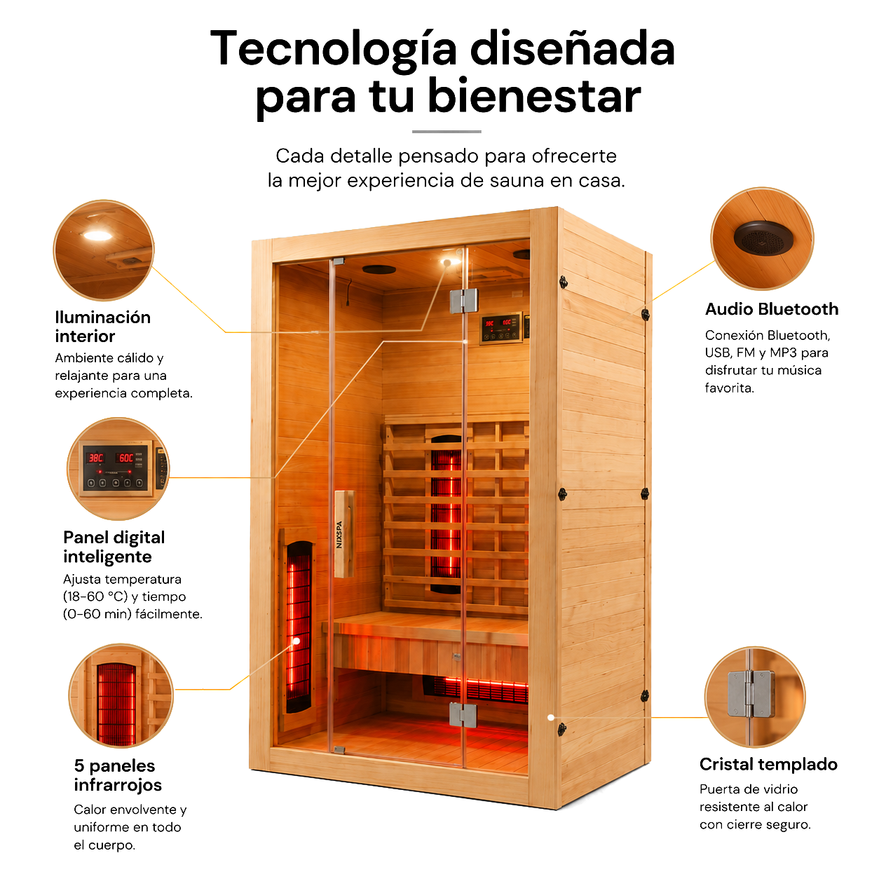 Infraroodsauna voor thuis, voor 2 personen, met 5 panelen, Bluetooth en digitale bediening