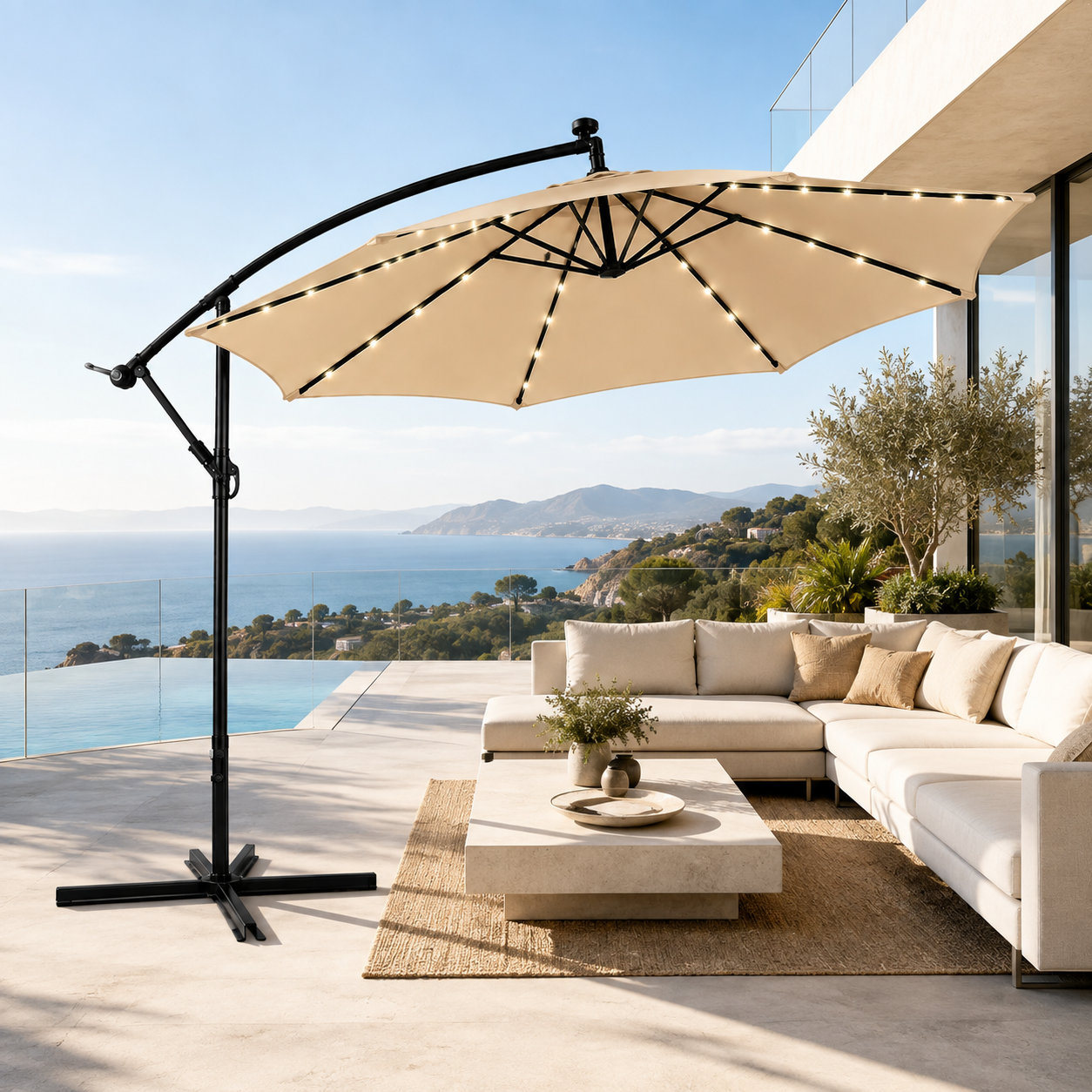 3 Meter seitlicher Sonnenschirm in Beige mit LED-Beleuchtung und 360° Neigung