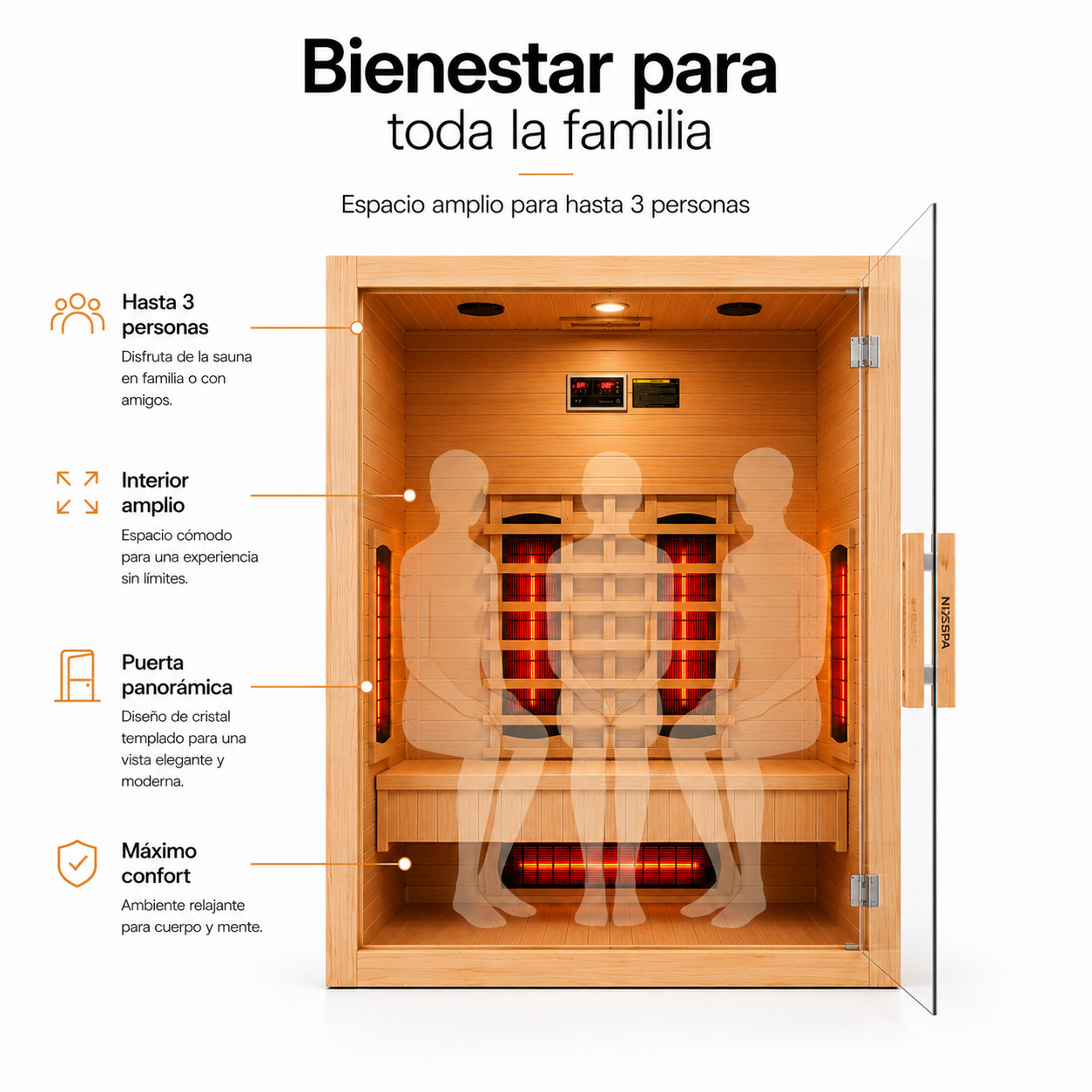 Infraroodsauna voor thuis voor 3 personen met 6 panelen, Bluetooth en panoramadeur