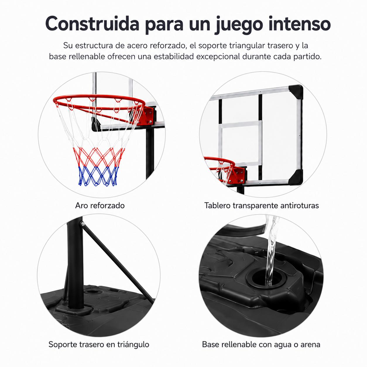 Canasta Baloncesto Portátil Regulable 1,6-2,1m Base con Ruedas