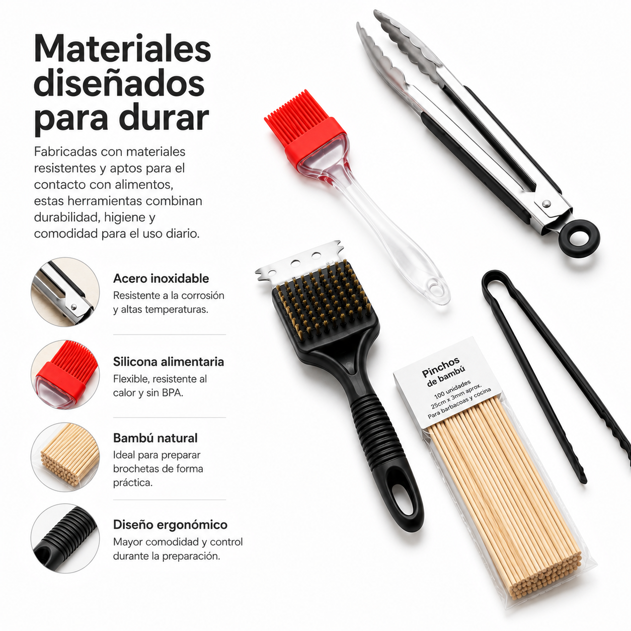 Set Professionale Utensili per Barbecue 5 Pezzi in Acciaio Inox con Manici in Silicone