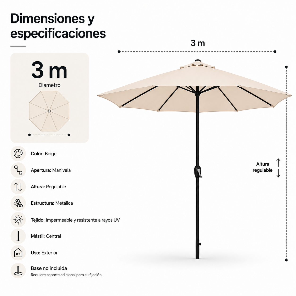 Verstelbare parasol voor de tuin, 3 meter, met zwengel, beige