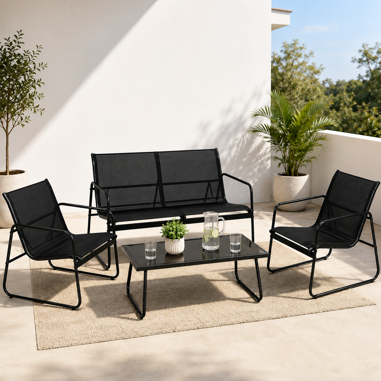 Conjunto de Jardín Acero Textilene 4 Piezas Mesa Cristal