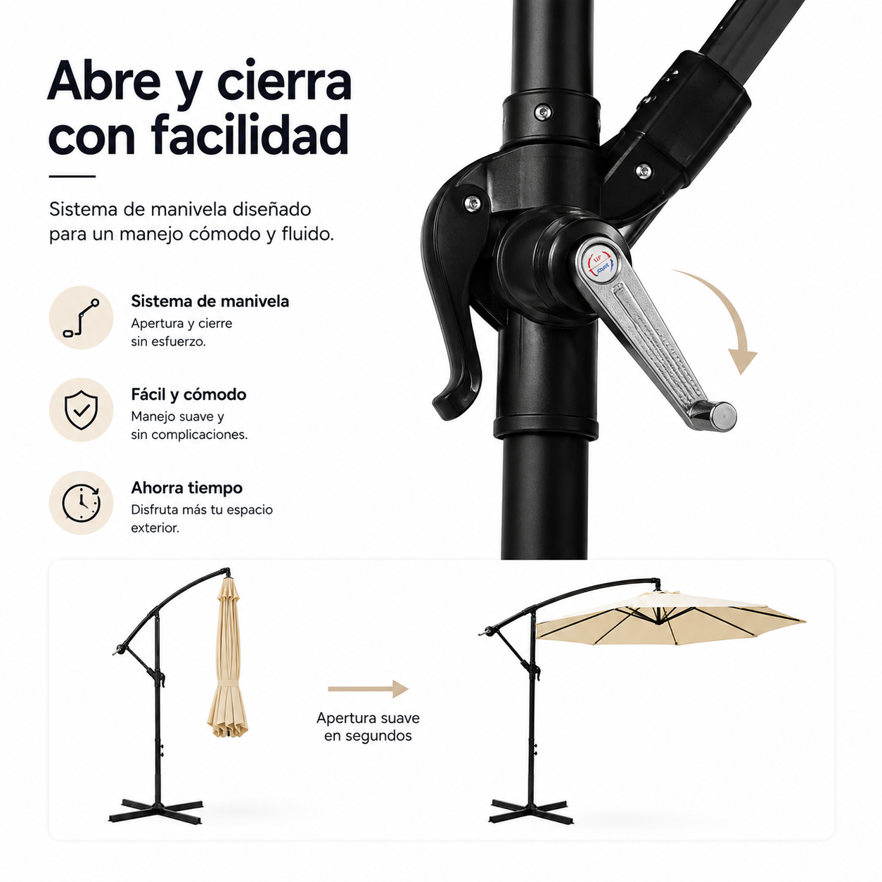 Ombrellone Laterale 3 Metri Inclinabile a 360° con Asta e Manovella Beige Senza Base