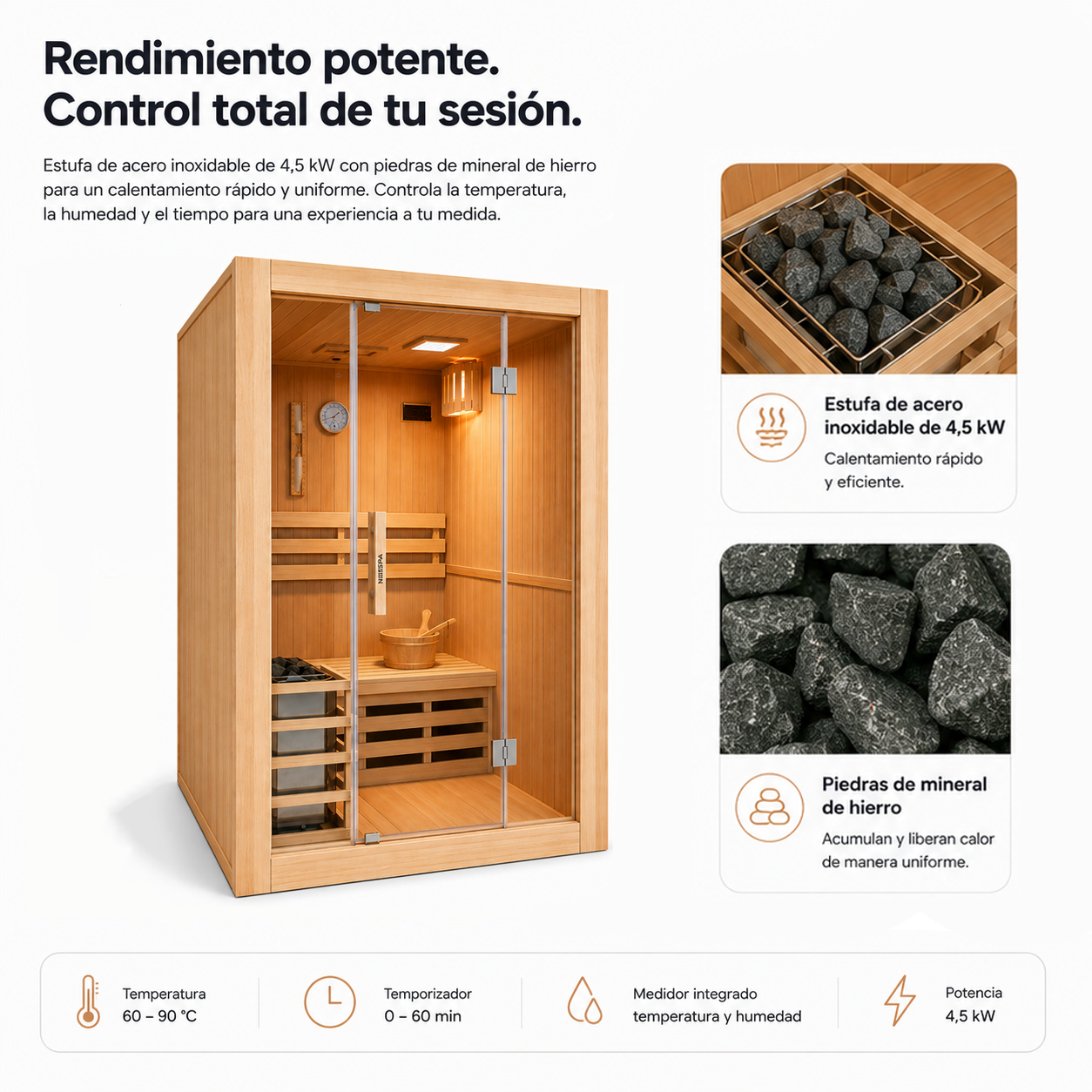 Sauna Finlandesa para casa 3 Personas Madera Hemlock Canadiense