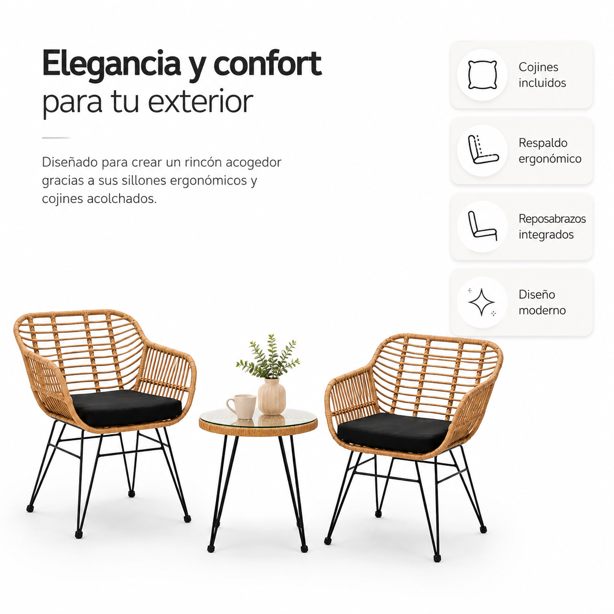 Rotan tuinset met 2 fauteuils en ronde tafel voor terras en balkon