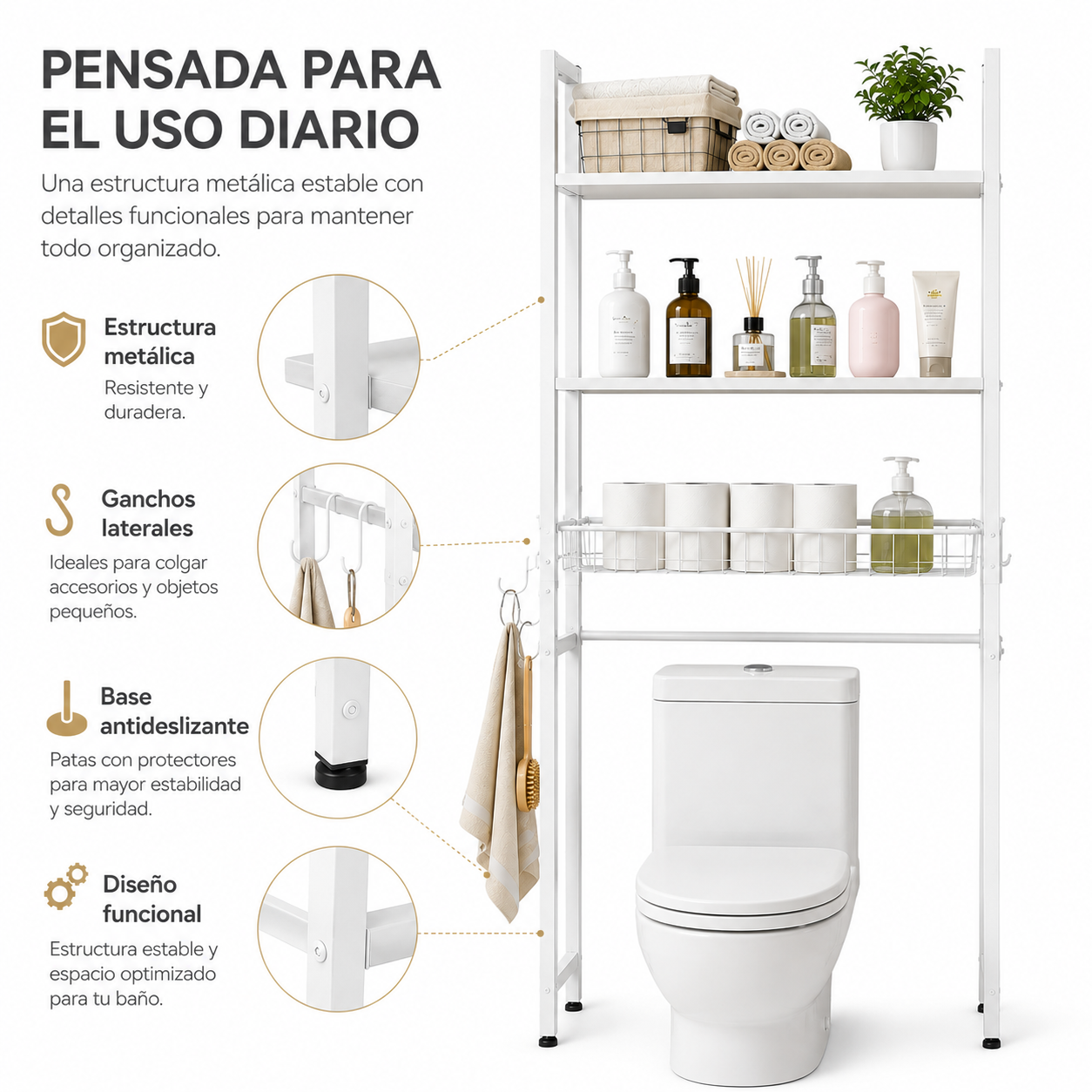 3-stöckiges Regal über der Toilette mit Haken