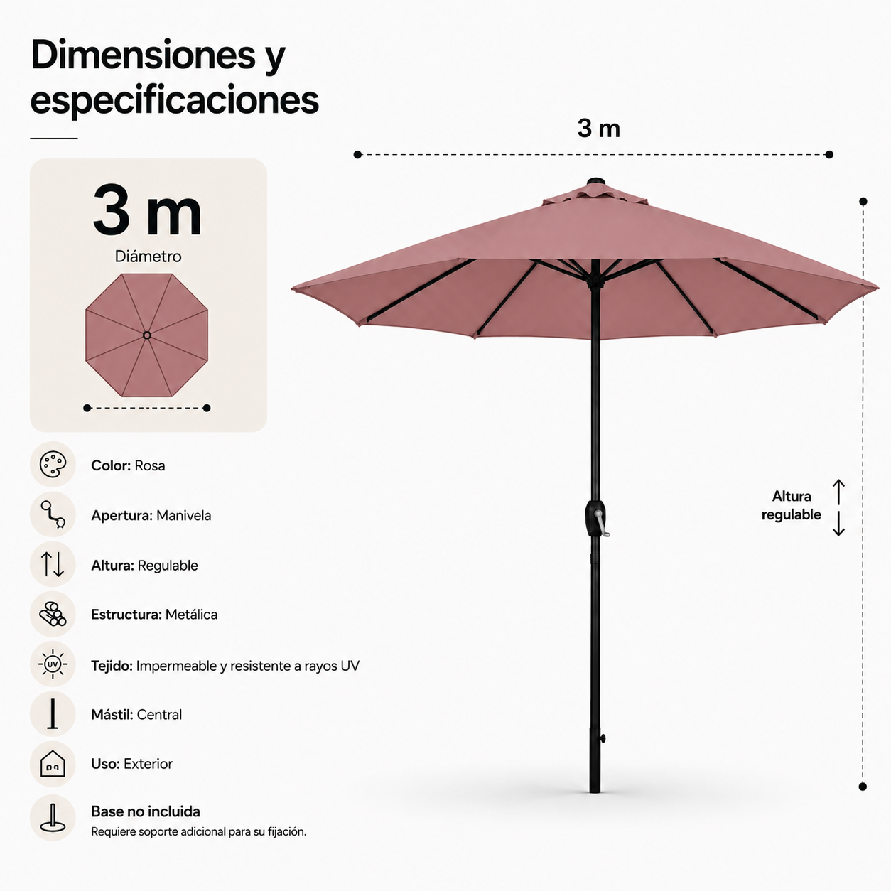 Sombrilla 3 metros De Jardín Regulable Protección UV