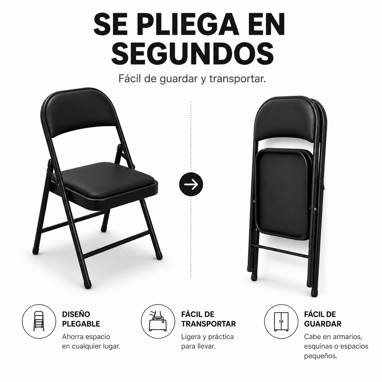 Chaise pliante rembourrée en acier noir