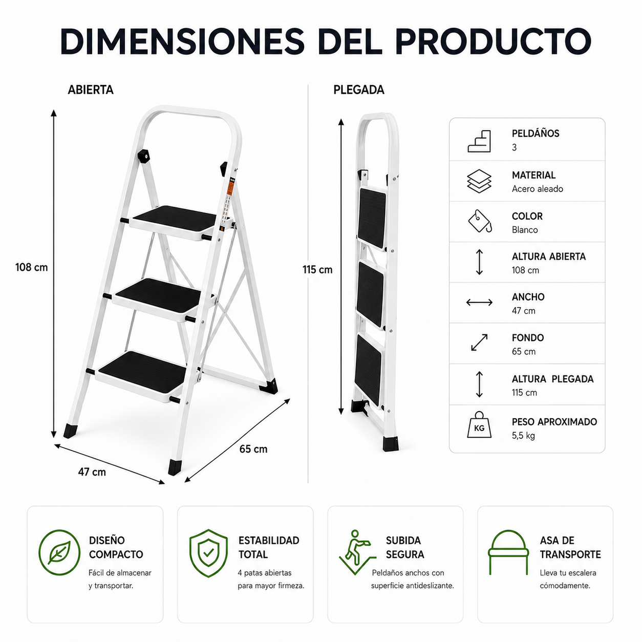 Escalera plegable con superficie antideslizante de 3 peldaños