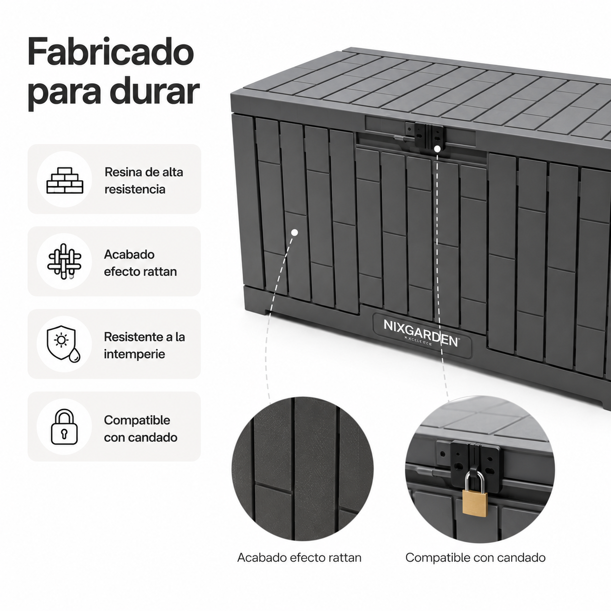Arcón Jardín Antracita Resina Resistente Efecto Rattan Impermeable
