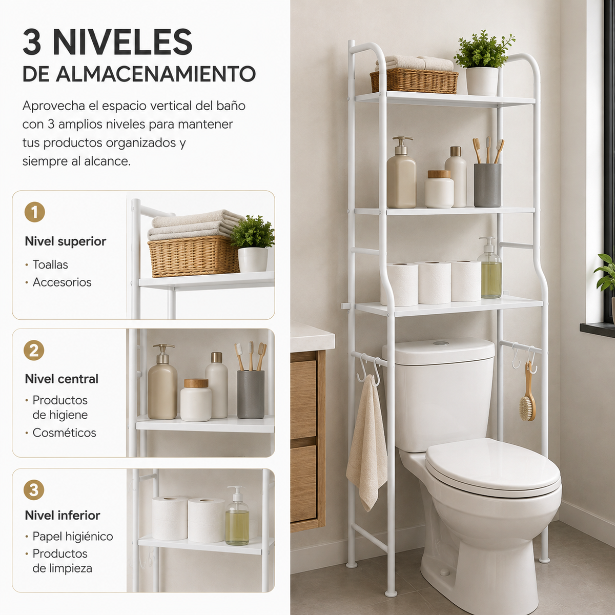 Toiletrek met 3 niveaus en haken
