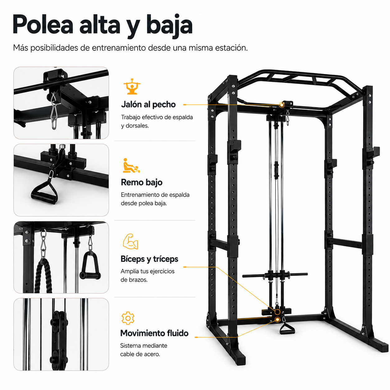 Multifunctioneel power rack met hoge en lage katrol en optrekstang voor thuis