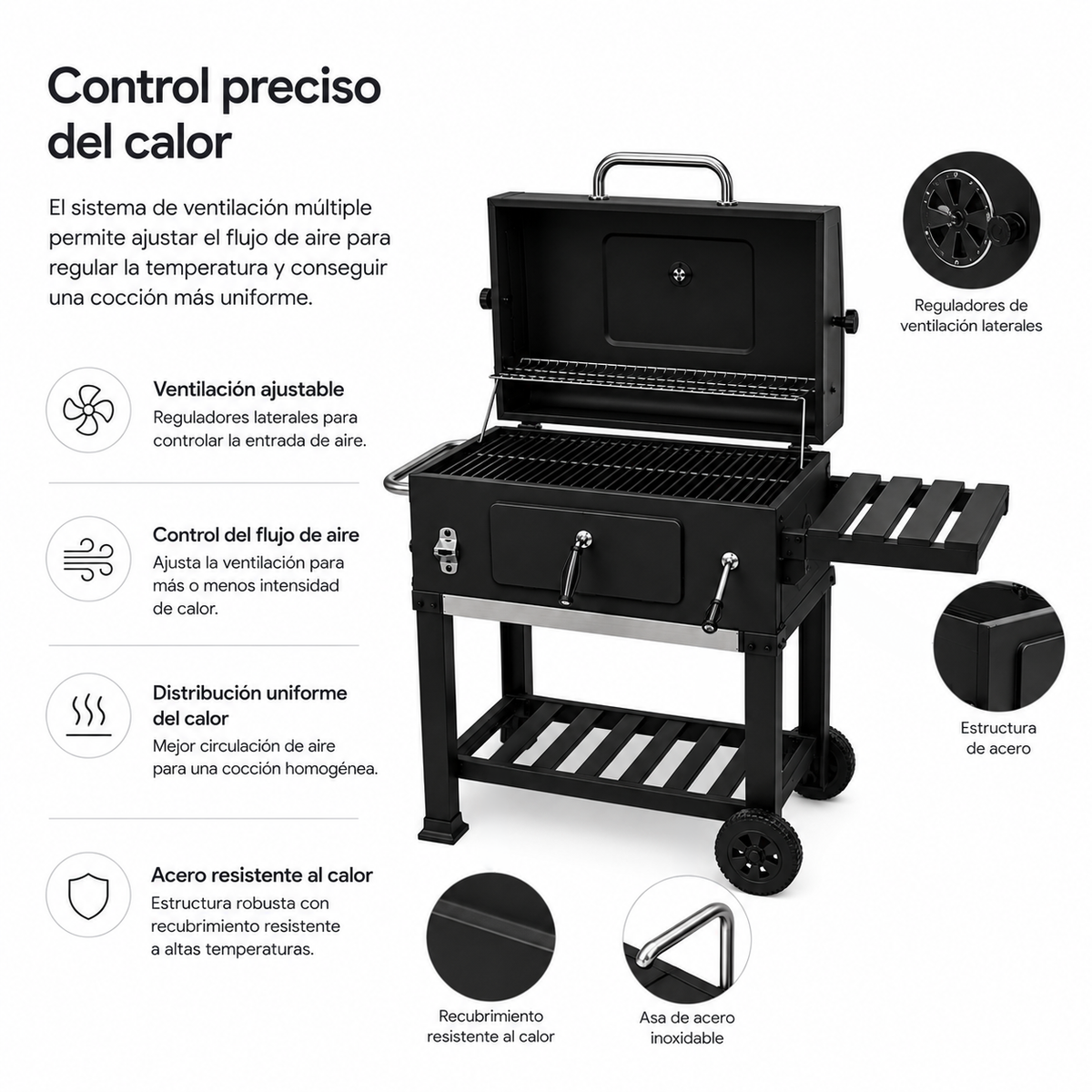 Barbacoa de Carbón Con Tapa y Carro Auxiliar