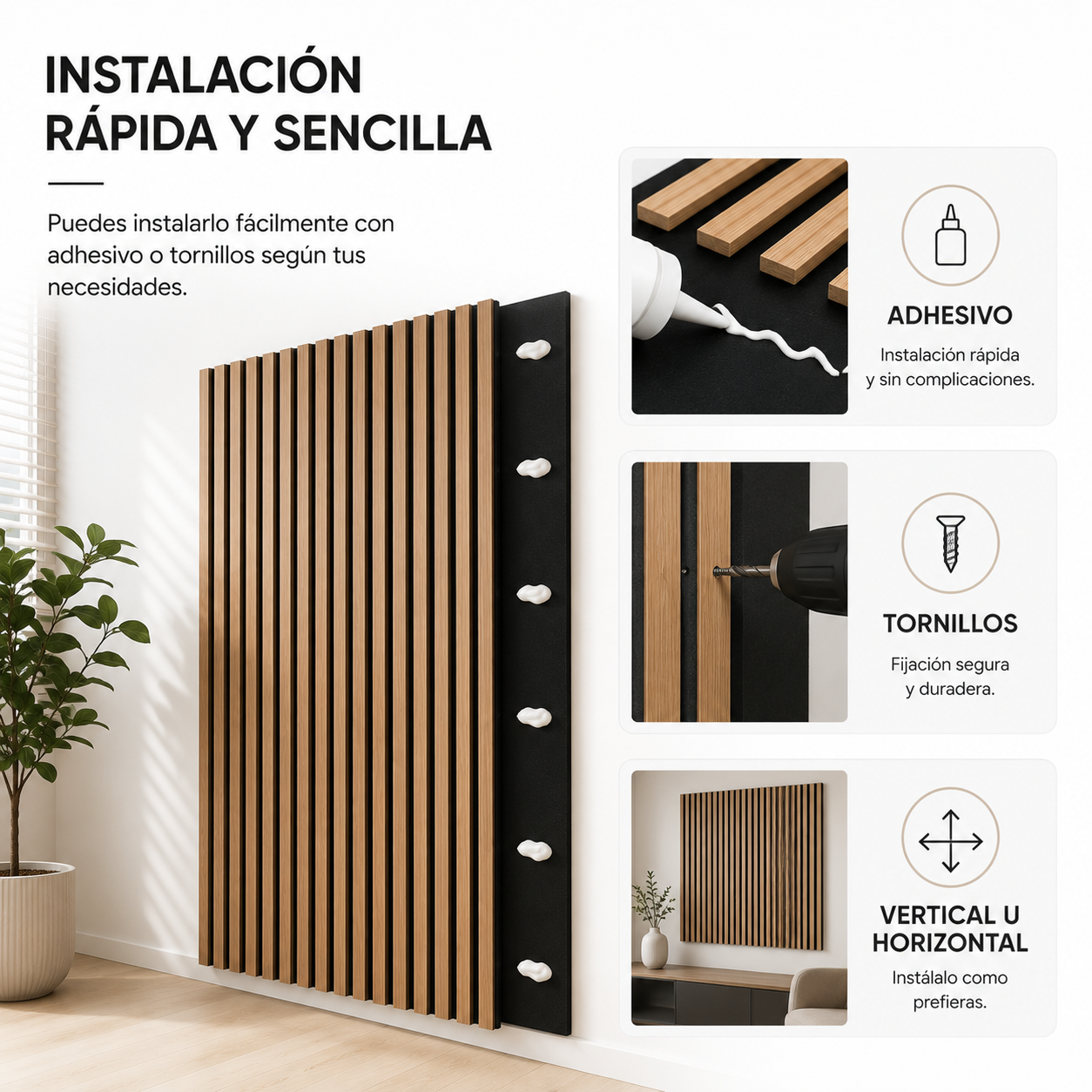 Panel Acústico MDF Efecto Madera Con Fieltro 240x60 Cm