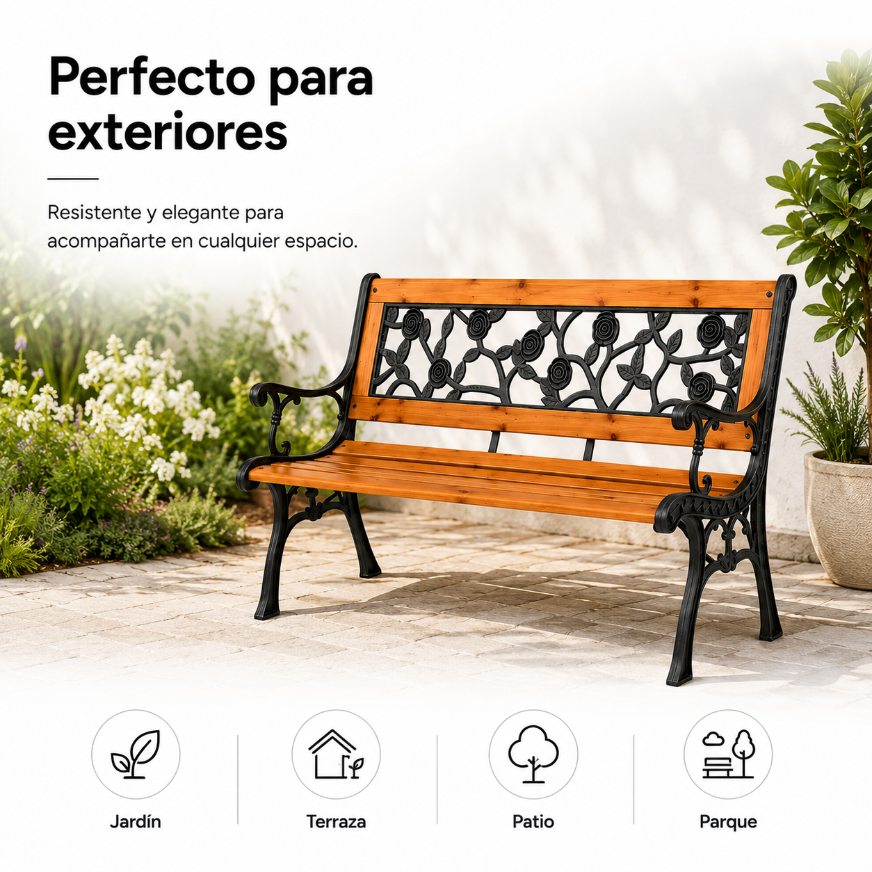 Banco de Jardim de Madeira e Metal com Encosto Floral Decorativo