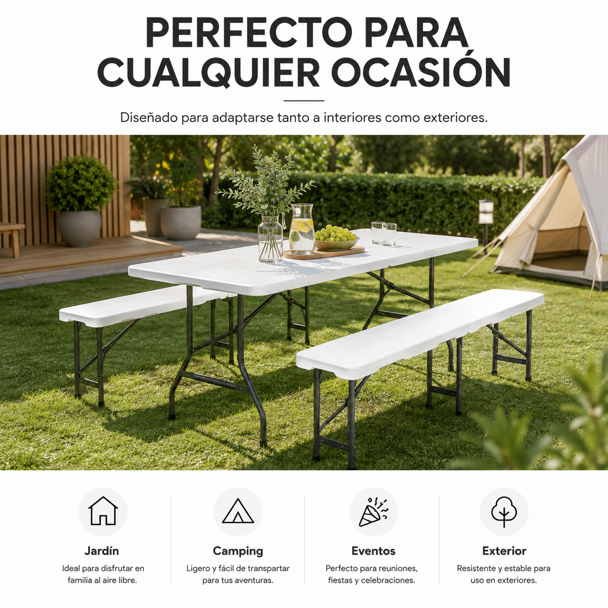 Conjunto Mesa Plegable Con 2 Bancos Para Jardín 180x74x72 cm