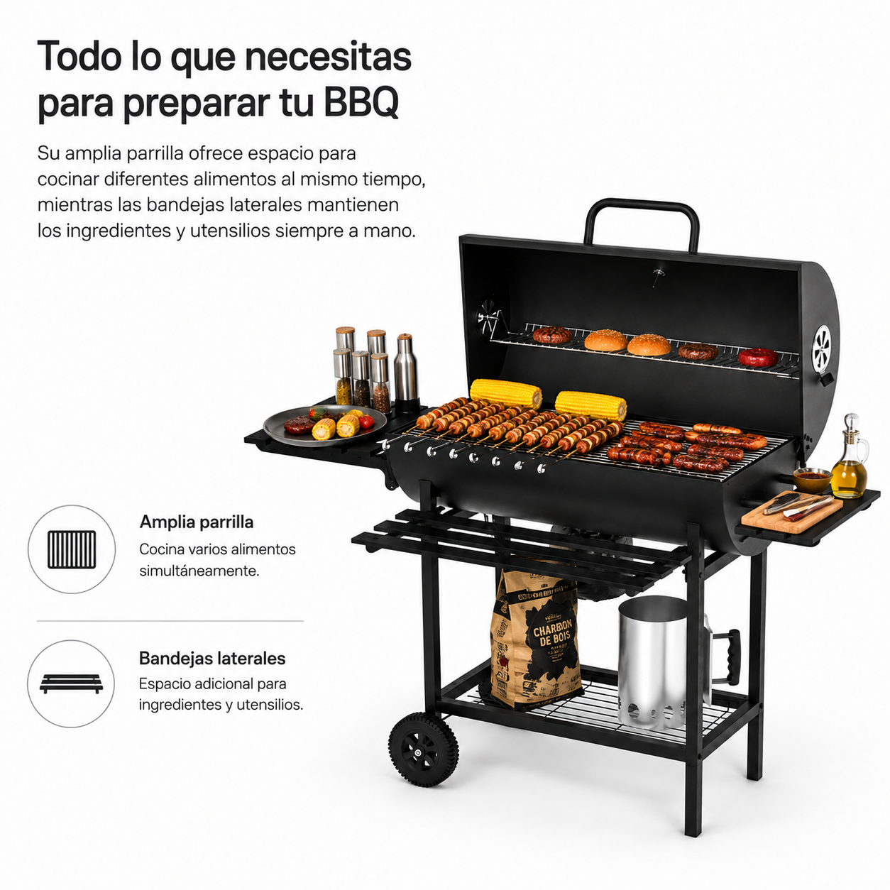 Houtskoolbarbecue met deksel en verstelbare ventilatie voor de tuin, met wielen