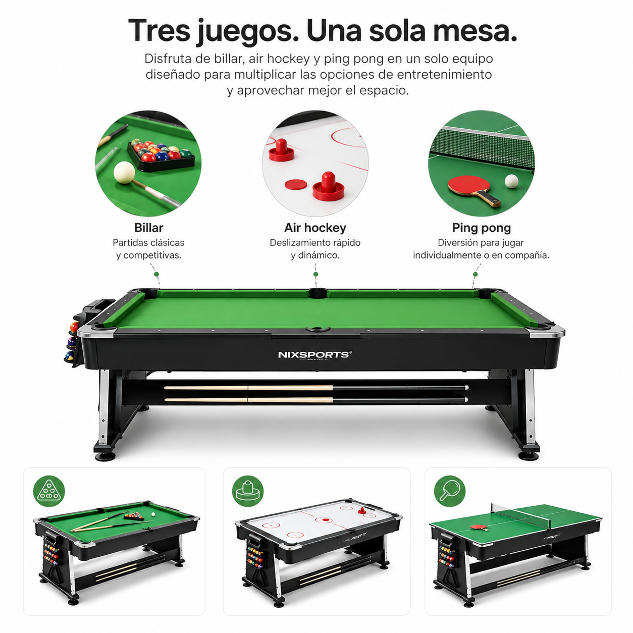 3-in-1-multispeltafel: pool en pingpong, 210 cm