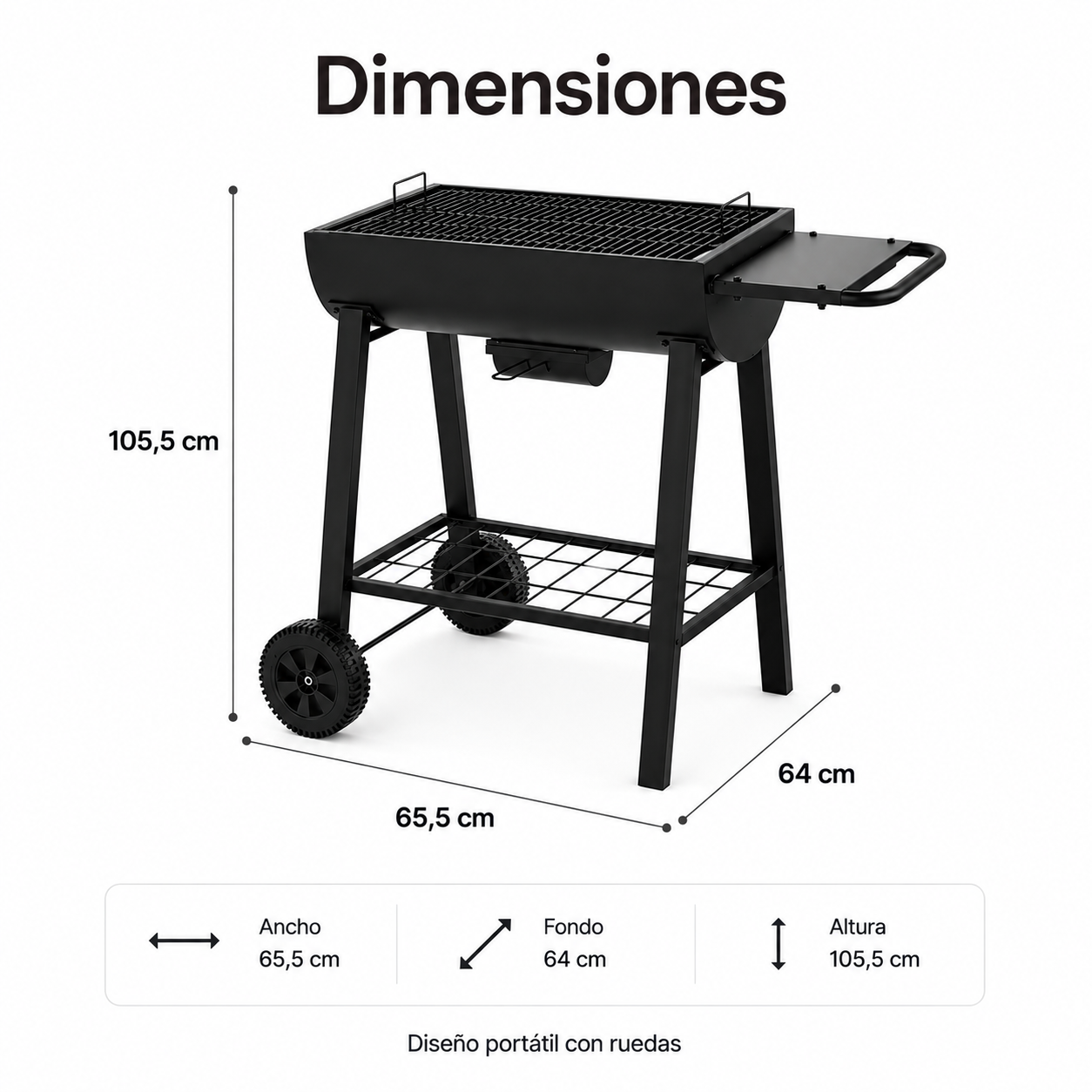 Draagbare houtskoolbarbecue met groot grillrooster en wielen