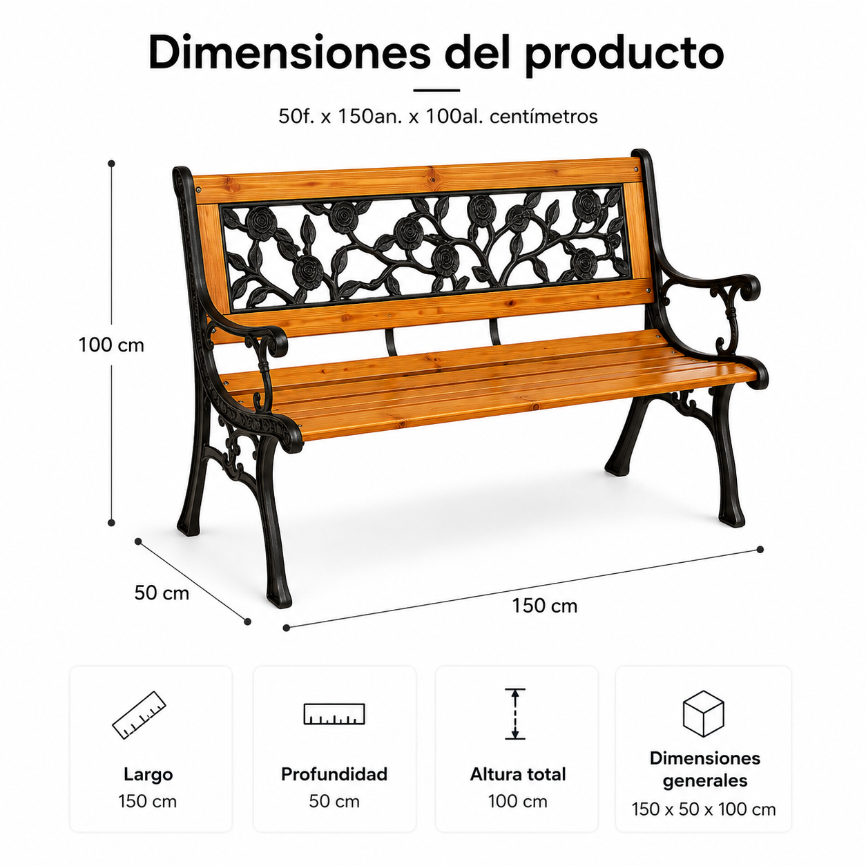 Banco de Jardim de Madeira e Metal com Encosto Floral Decorativo
