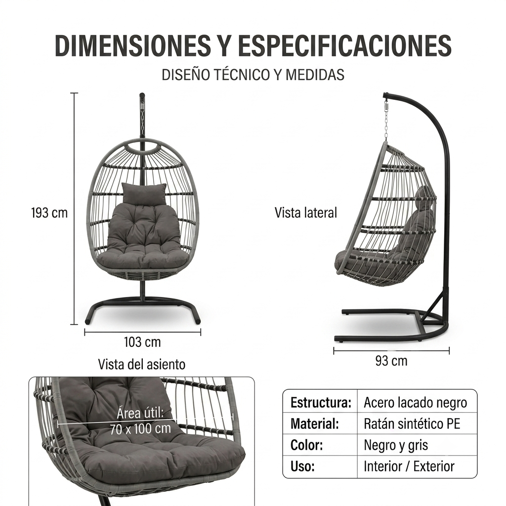 Sillón Colgante Huevo Jardín Con Cojines Acolchados Estructura Metálica