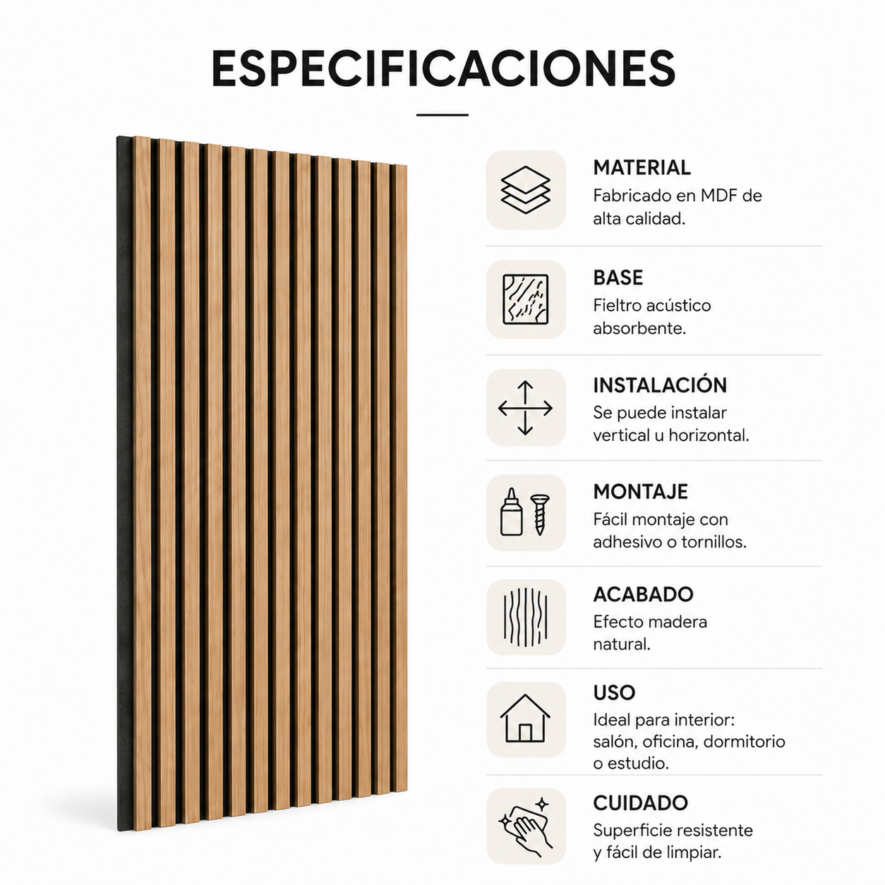 Panel Acústico MDF Efecto Madera Con Fieltro 240x60 Cm