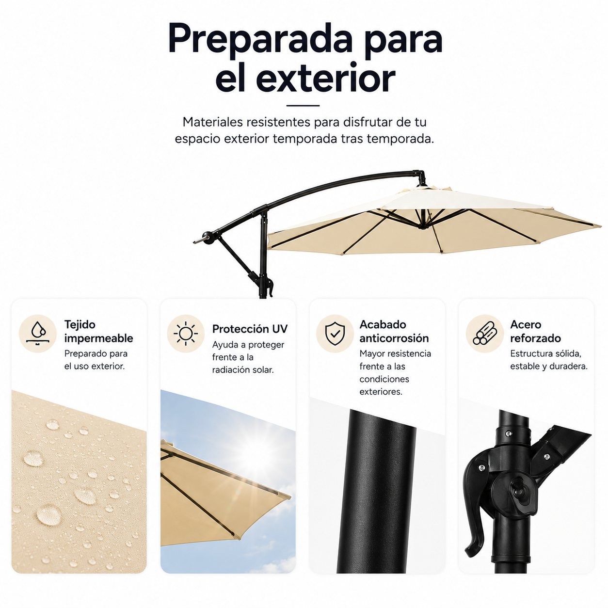 Ombrellone Laterale 3 Metri Inclinabile a 360° con Asta e Manovella Beige Senza Base
