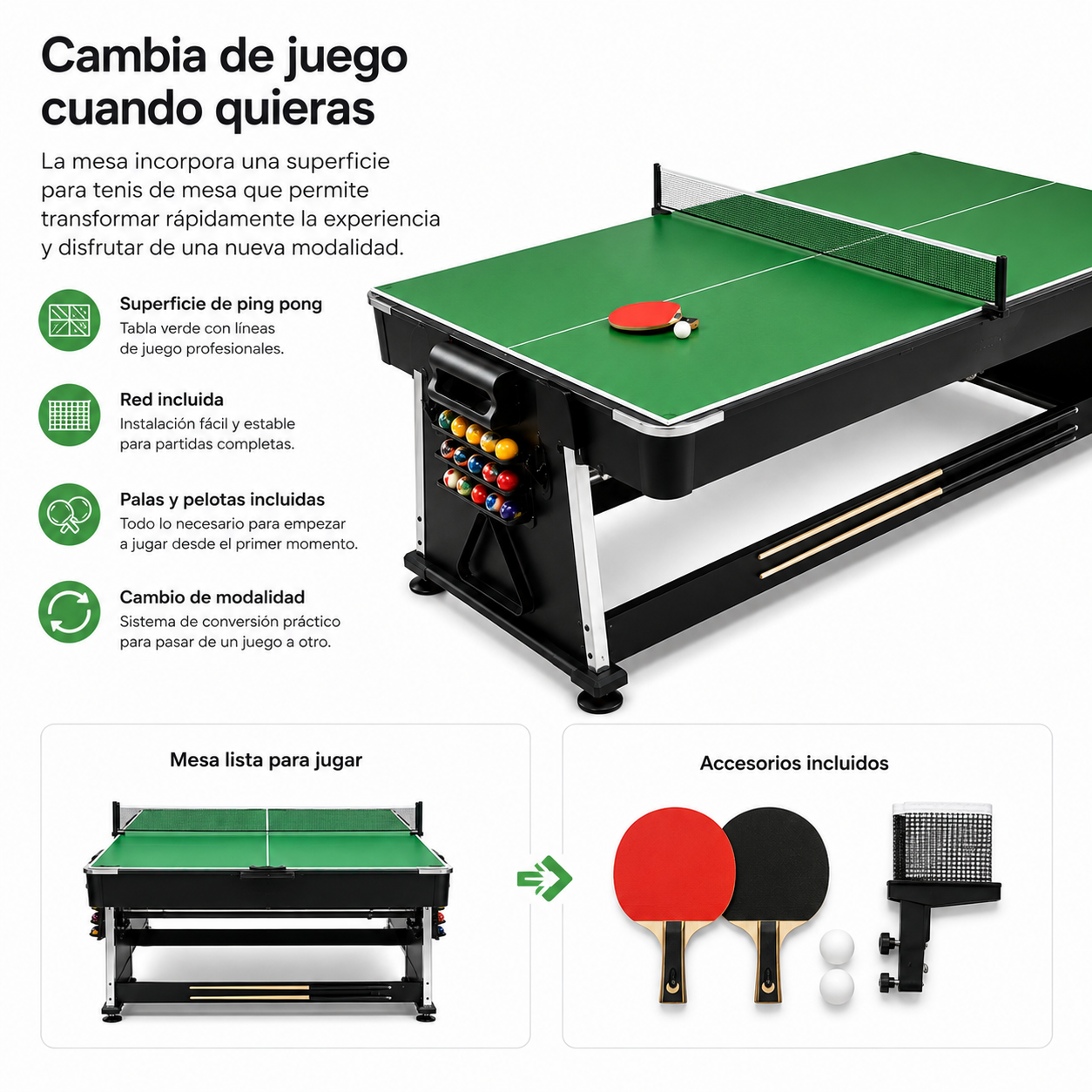 3-in-1-multispeltafel: pool en pingpong, 210 cm