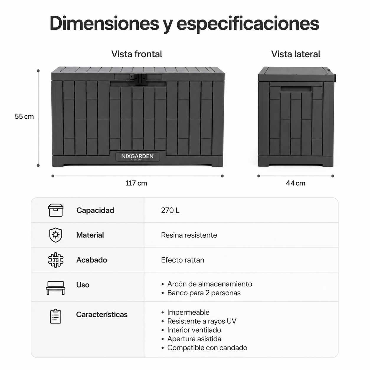 Arcón Jardín Antracita Resina Resistente Efecto Rattan Impermeable