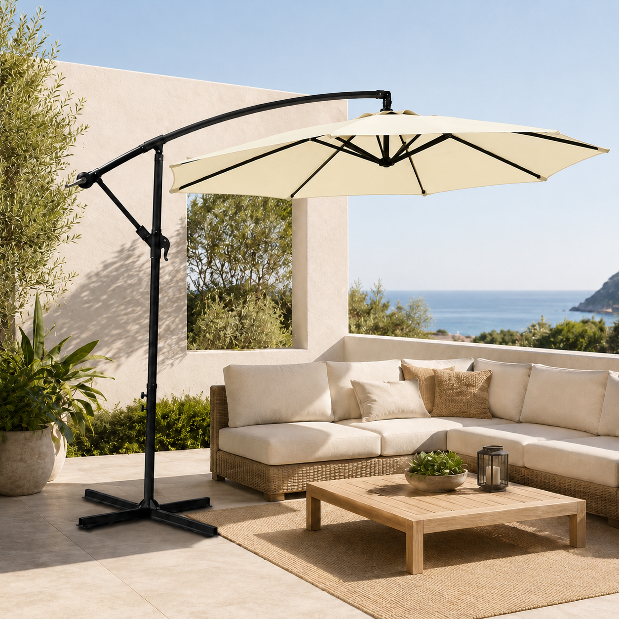 Seitenschirm 3 Meter, 360° neigbar mit Mast und Kurbel, beige, ohne Ständer