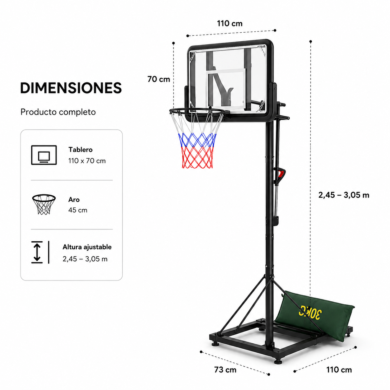 Canestro da Basket con Altezza Regolabile 2,45-3,05 m
