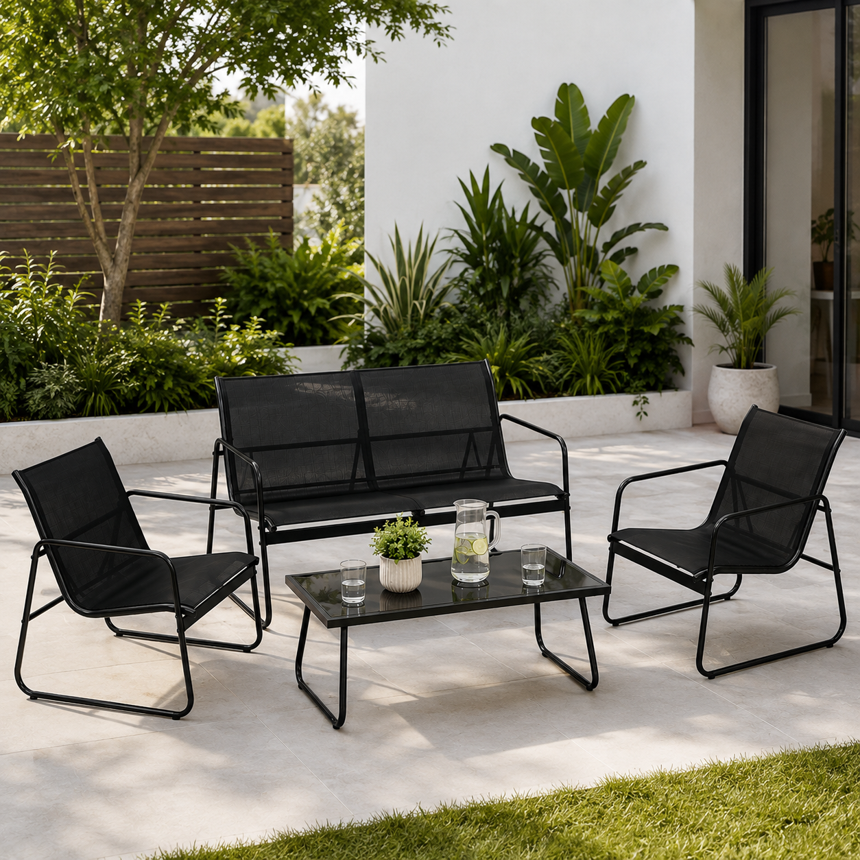 Conjunto de Jardín Acero Textilene 4 Piezas Mesa Cristal