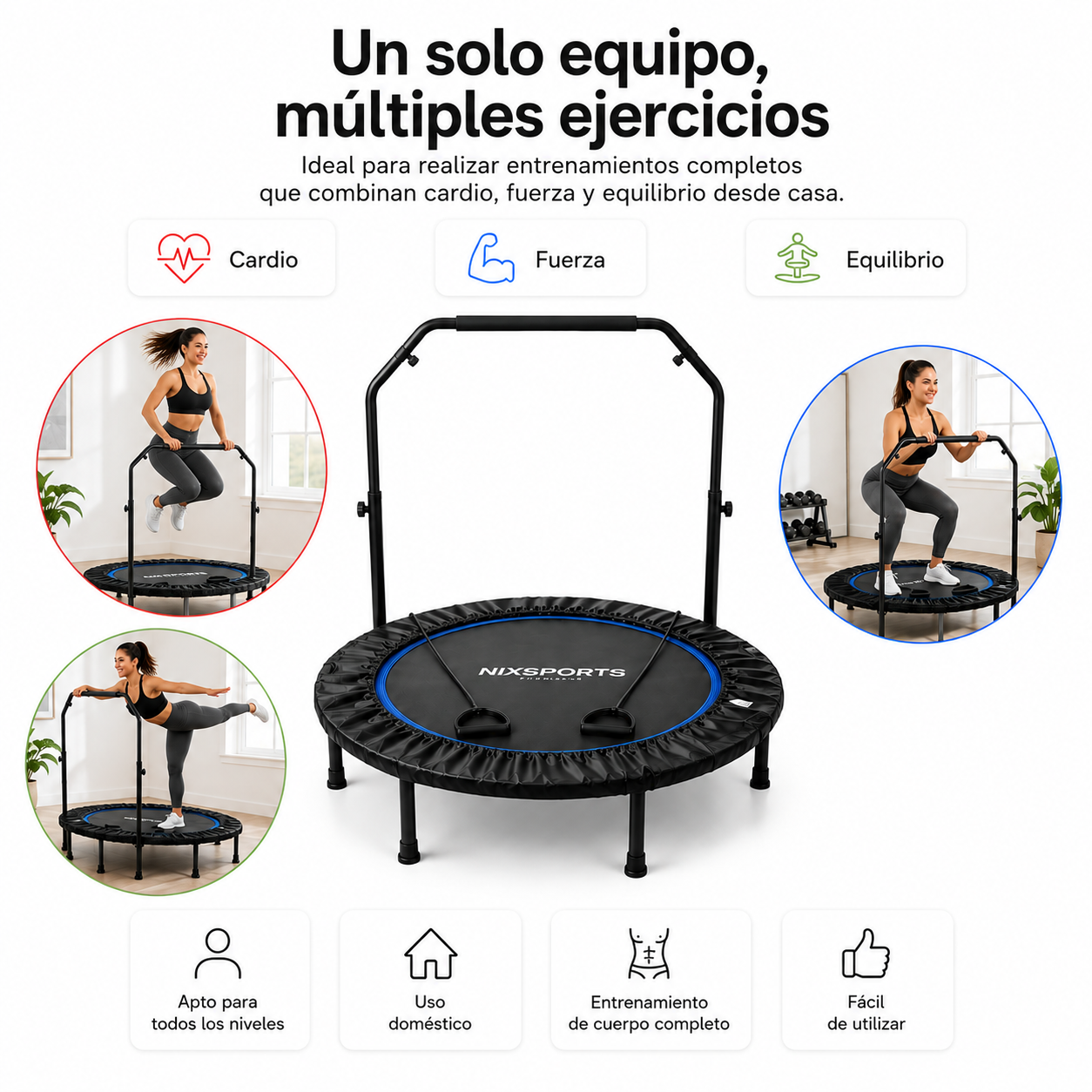 Trampolín Fitness 3 en 1 con Barra Ajustable