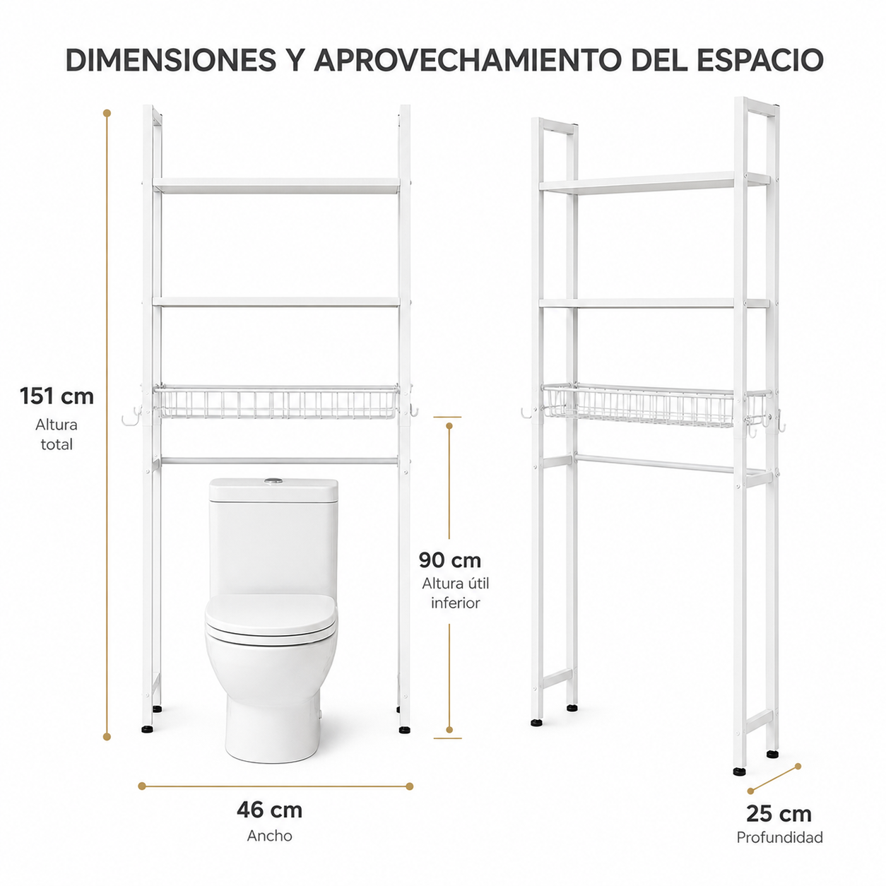 3-stöckiges Regal über der Toilette mit Haken