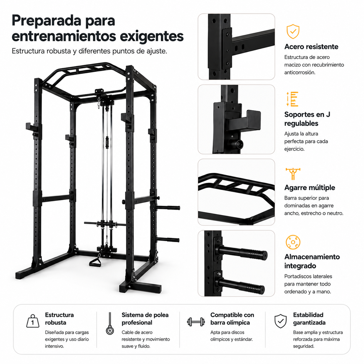 Multifunctioneel power rack met hoge en lage katrol en optrekstang voor thuis