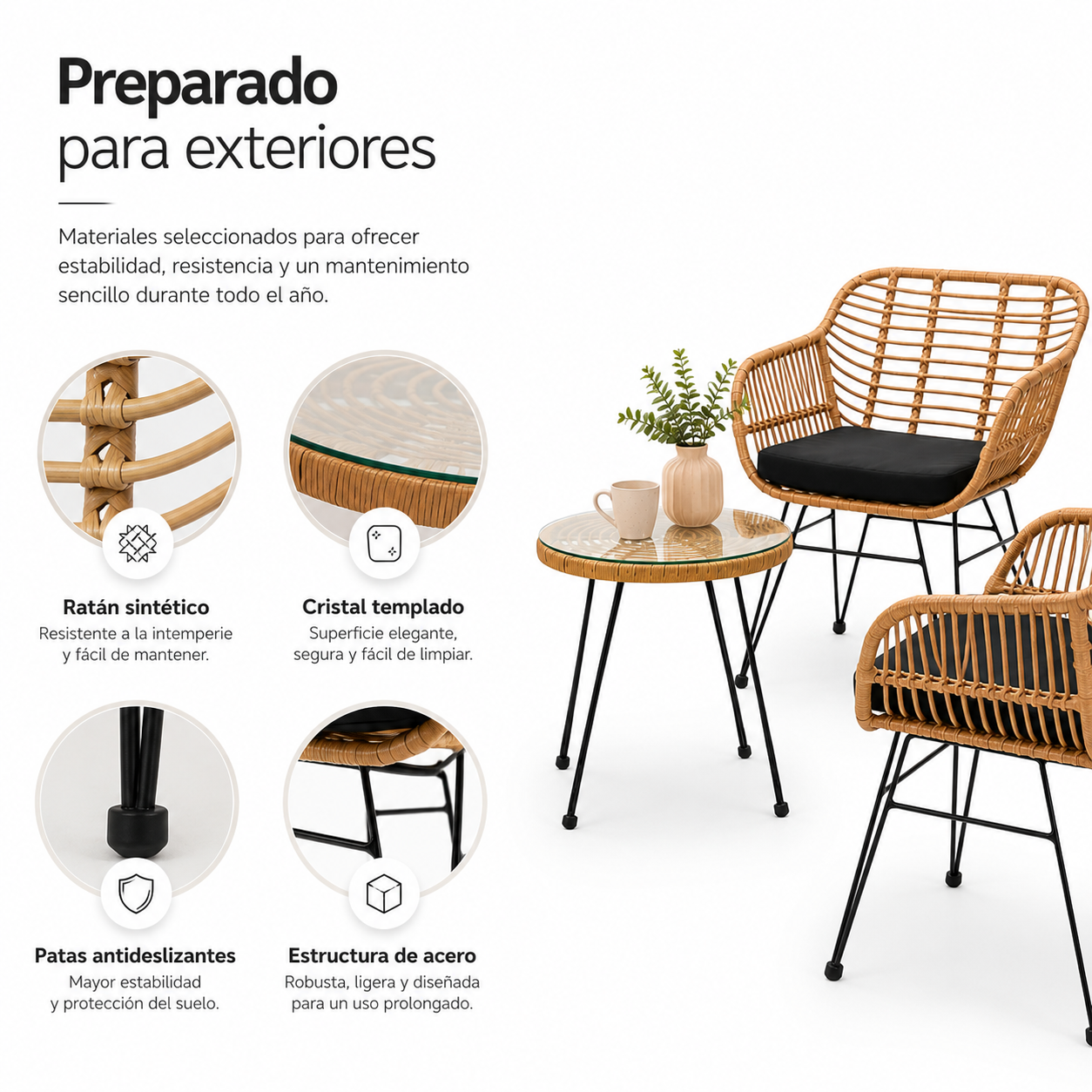 Rotan tuinset met 2 fauteuils en ronde tafel voor terras en balkon