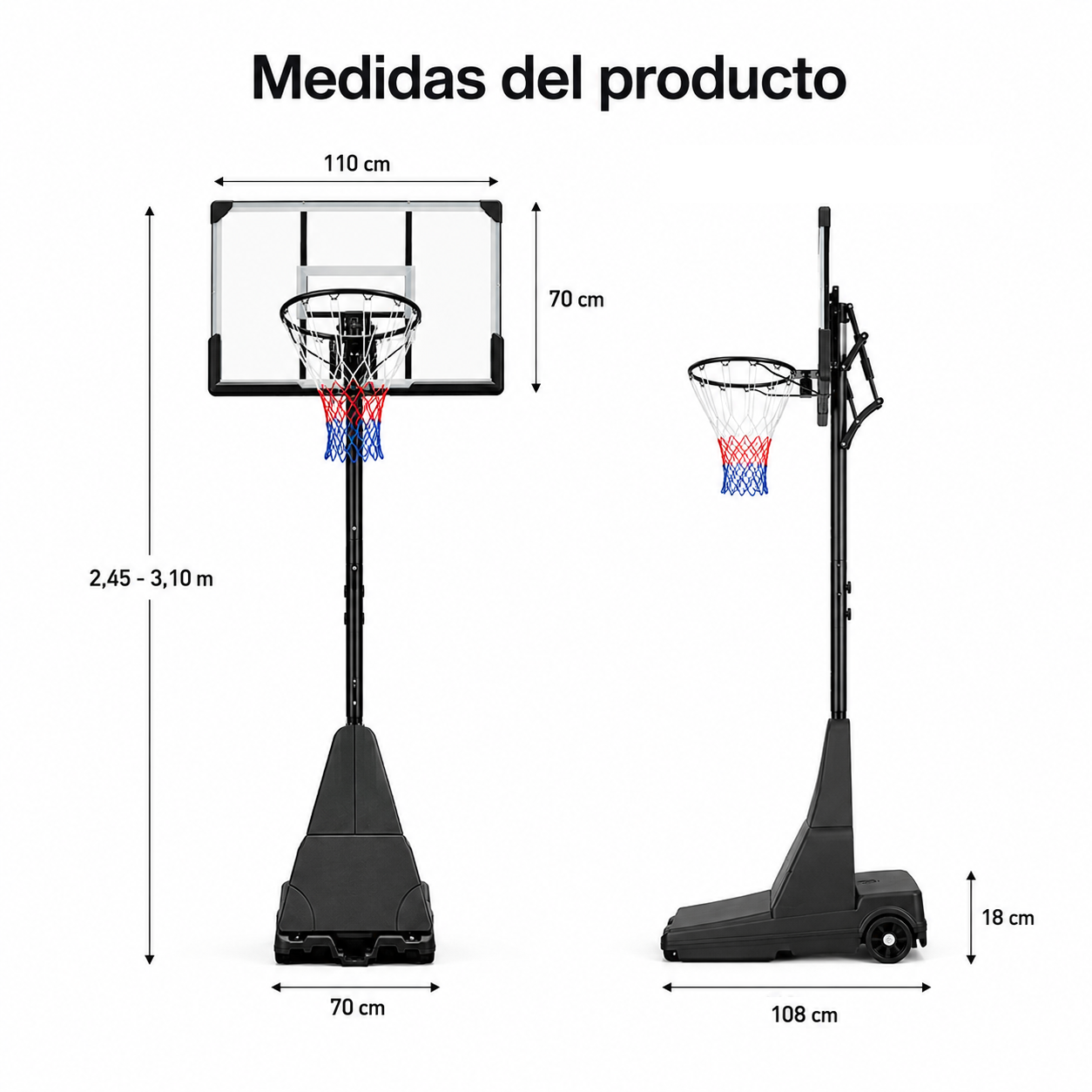Canasta de Baloncesto Exterior Regulable 2,45-3,1 m con ruedas