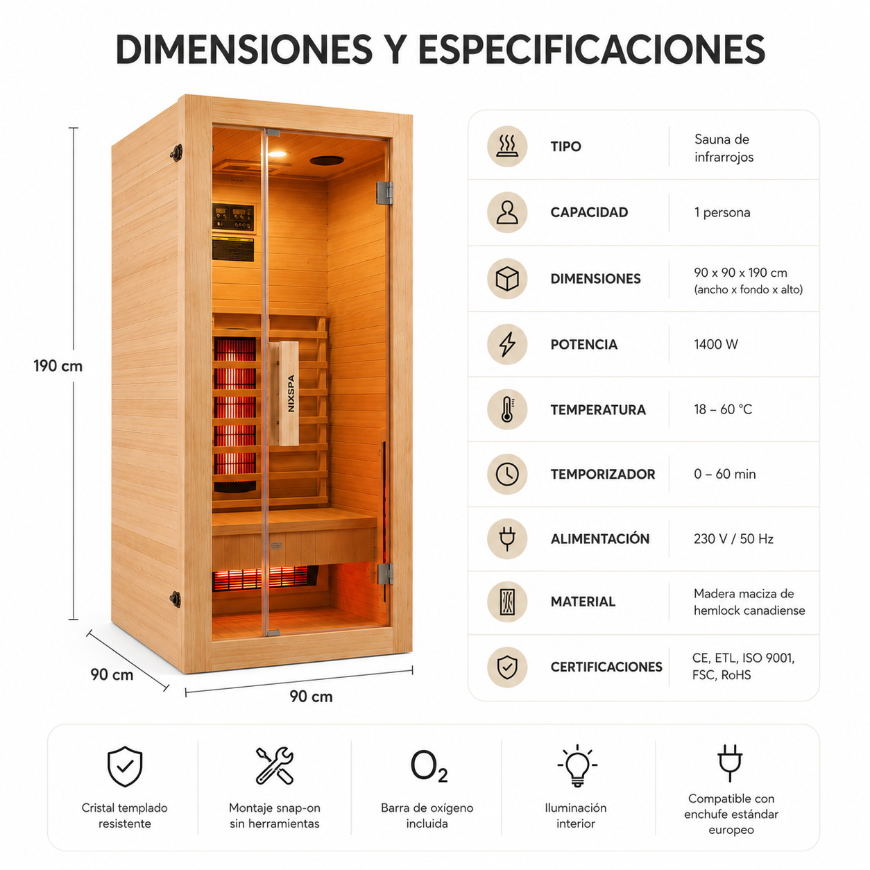 Sauna de infrarrojos para casa individual de madera maciza con 4 paneles y control digital