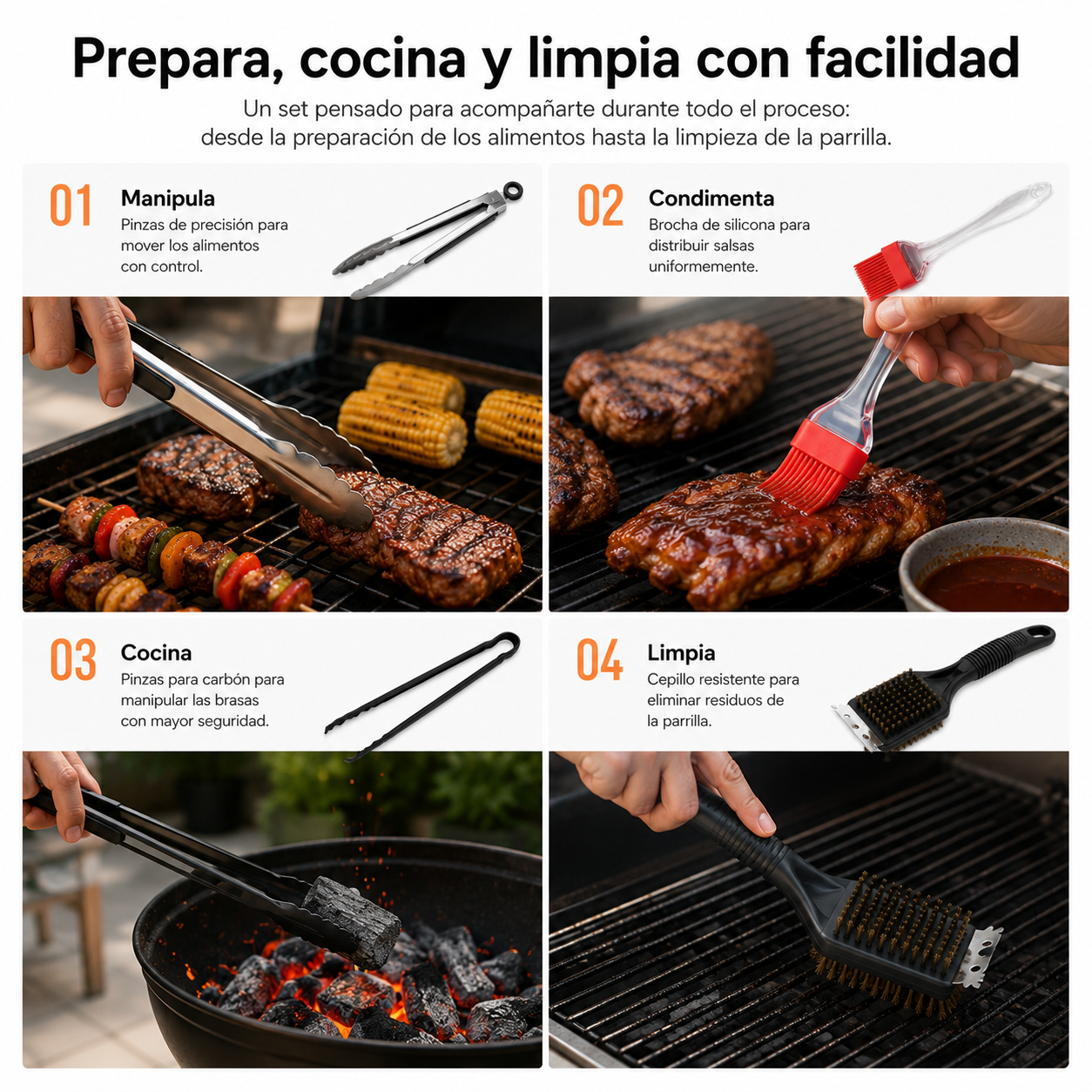 Set Professionale Utensili per Barbecue 5 Pezzi in Acciaio Inox con Manici in Silicone
