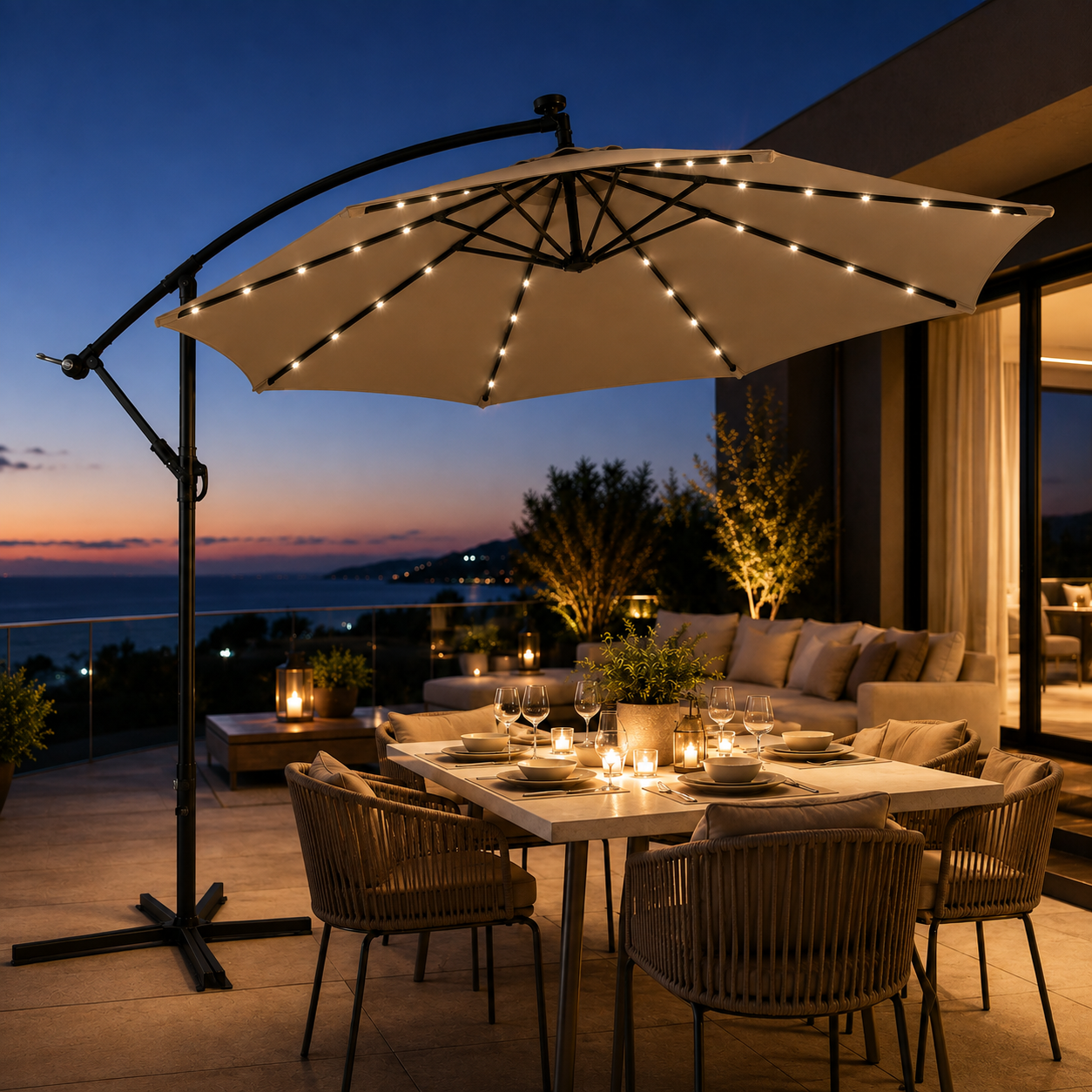 Ombrellone Laterale da Giardino 3 Metri Kaki con LED e Inclinazione a 360°