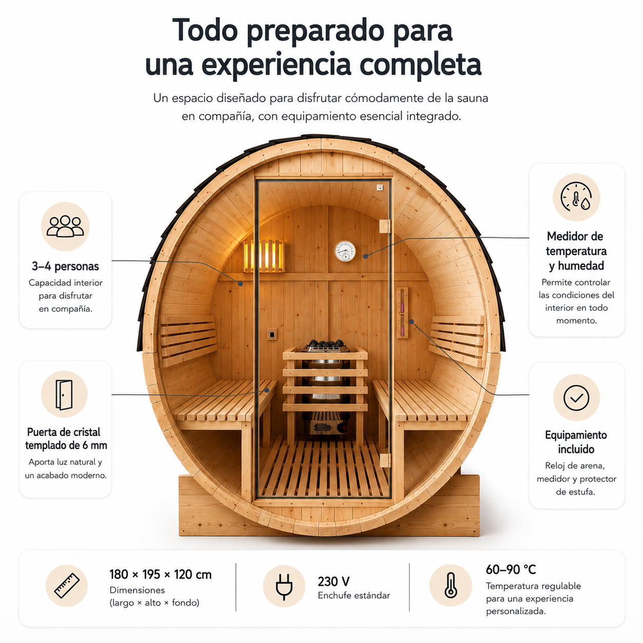 Sauna a botte da esterno per giardino 3-4 persone in legno di abete 6 kW tetto a tegole