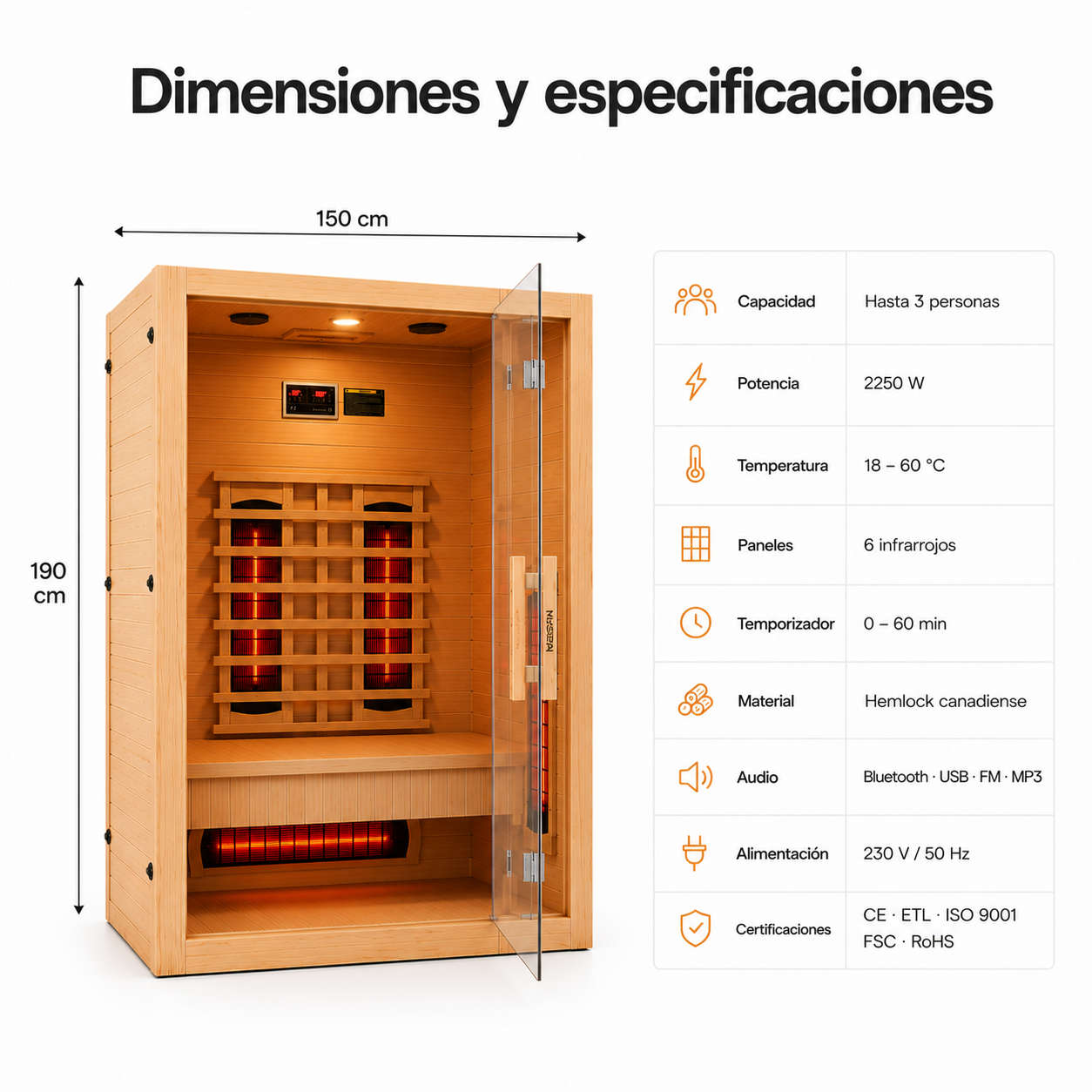 Infraroodsauna voor thuis voor 3 personen met 6 panelen, Bluetooth en panoramadeur