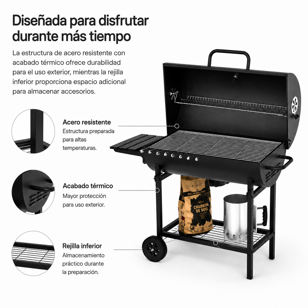 Houtskoolbarbecue met deksel en verstelbare ventilatie voor de tuin, met wielen