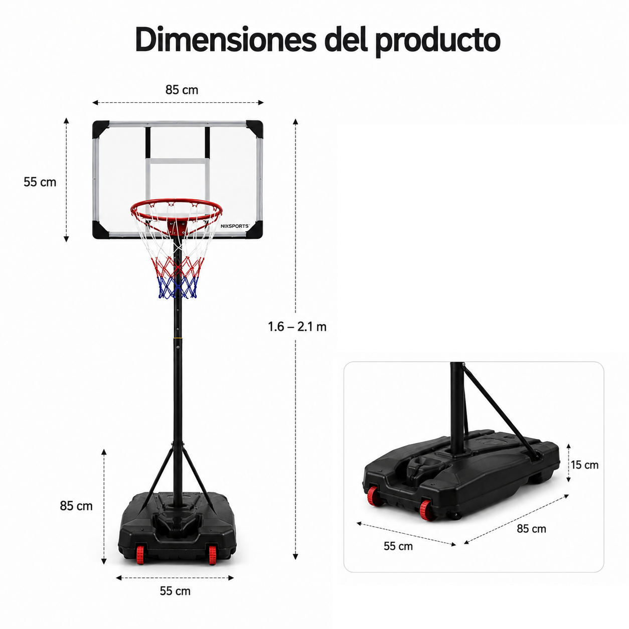 Canasta Baloncesto Portátil Regulable 1,6-2,1m Base con Ruedas