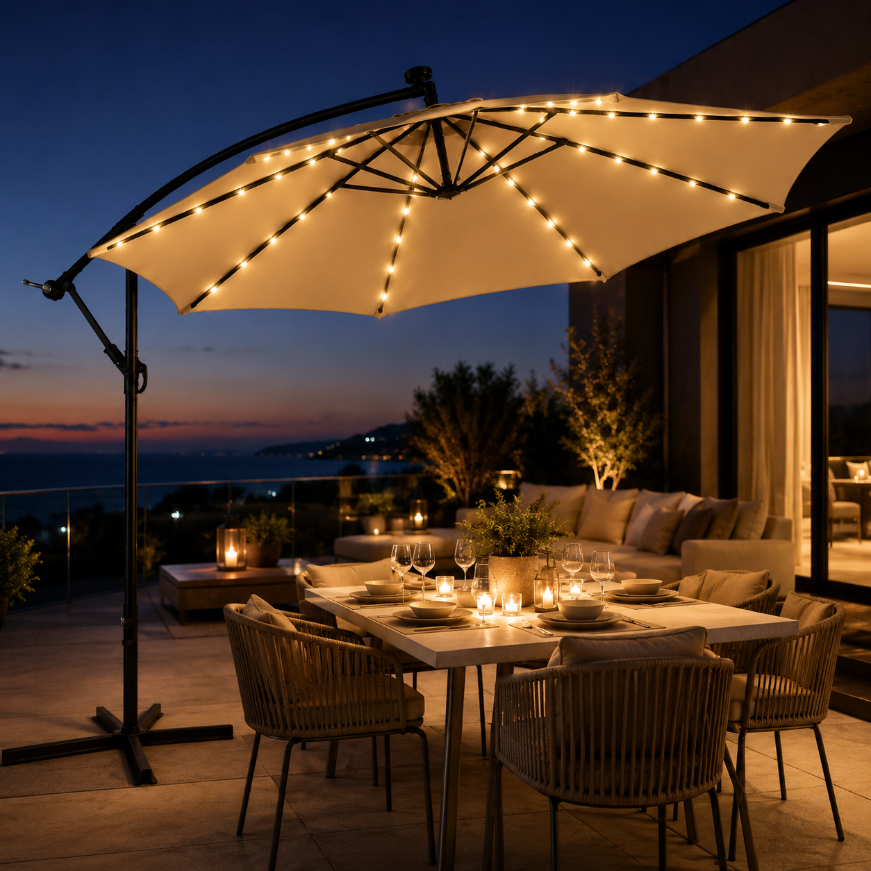 3 Meter seitlicher Sonnenschirm in Beige mit LED-Beleuchtung und 360° Neigung