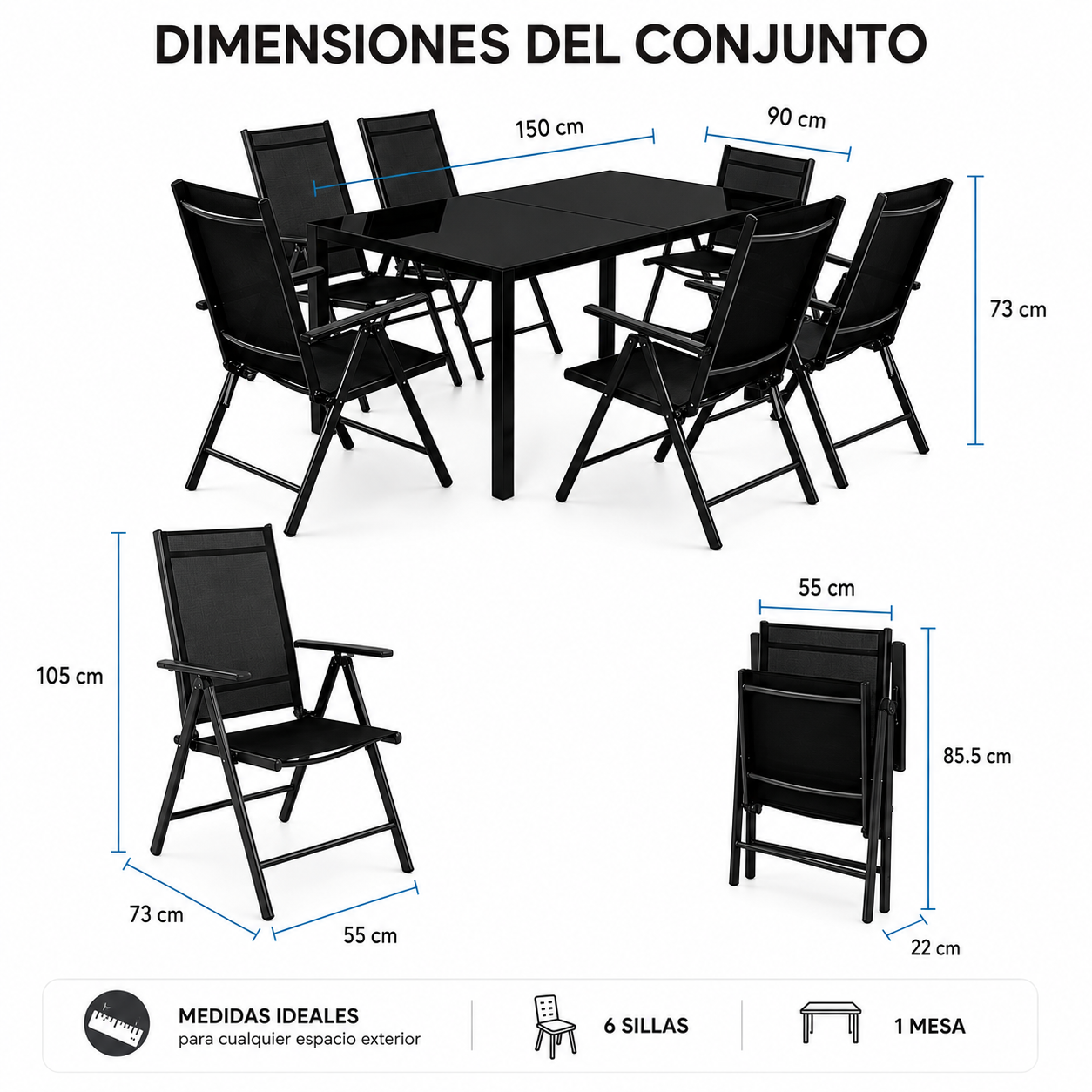 Set da Giardino con Sedie Reclinabili 7 Pezzi Tavolo in Vetro